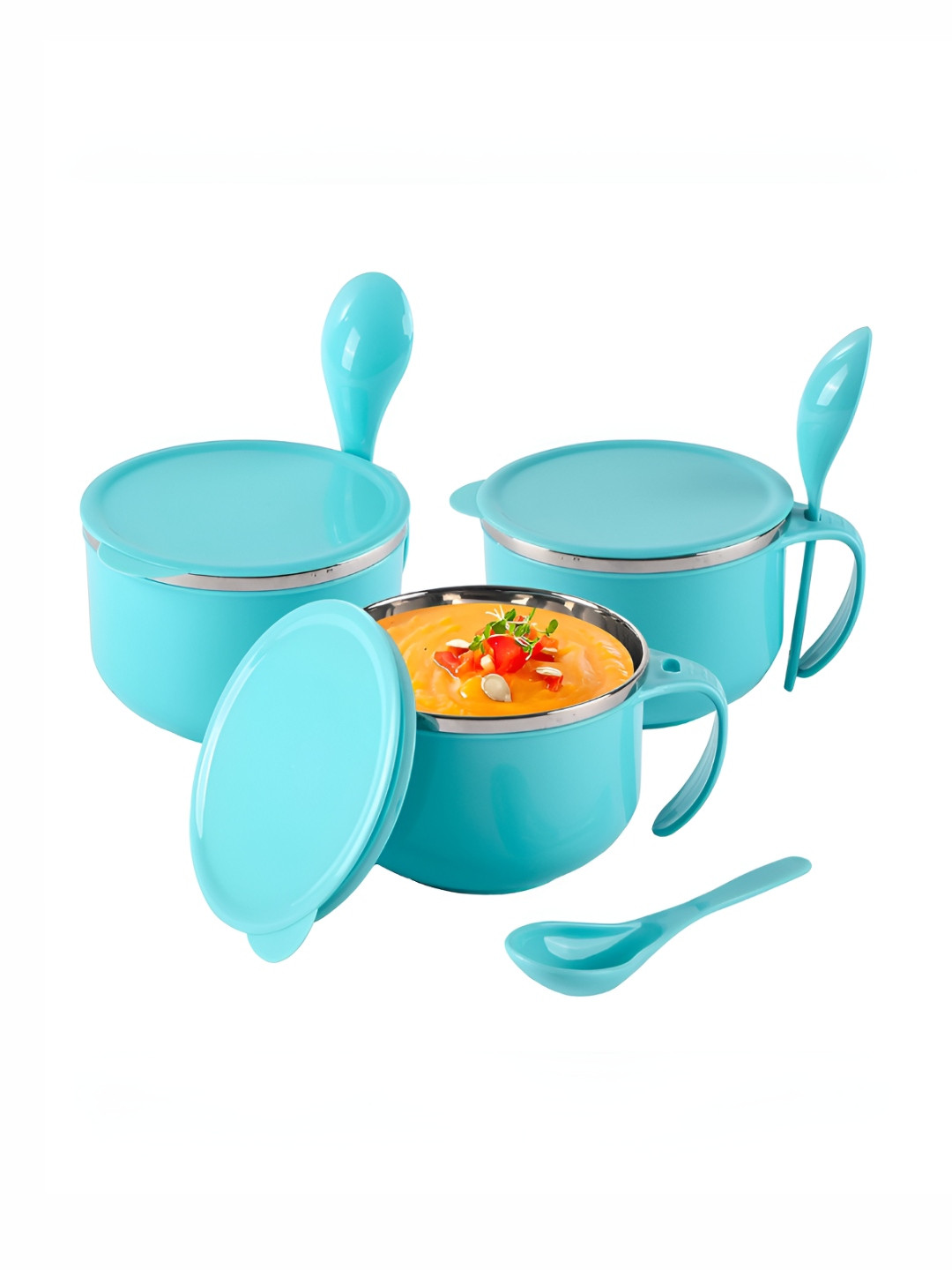 Aura Blue 3 Pieces Stainless Steel Serving Bowl With Spoon & Holder 600ml Each