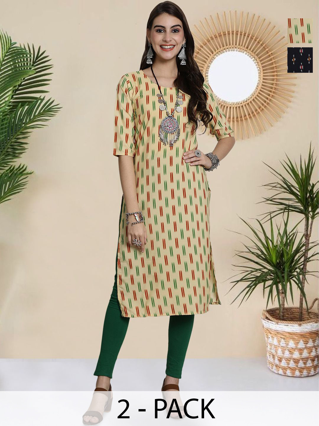 HERE&NOW Selection Of 2 Ethnic Mtifs Printed Round Neck Straight Kurtas