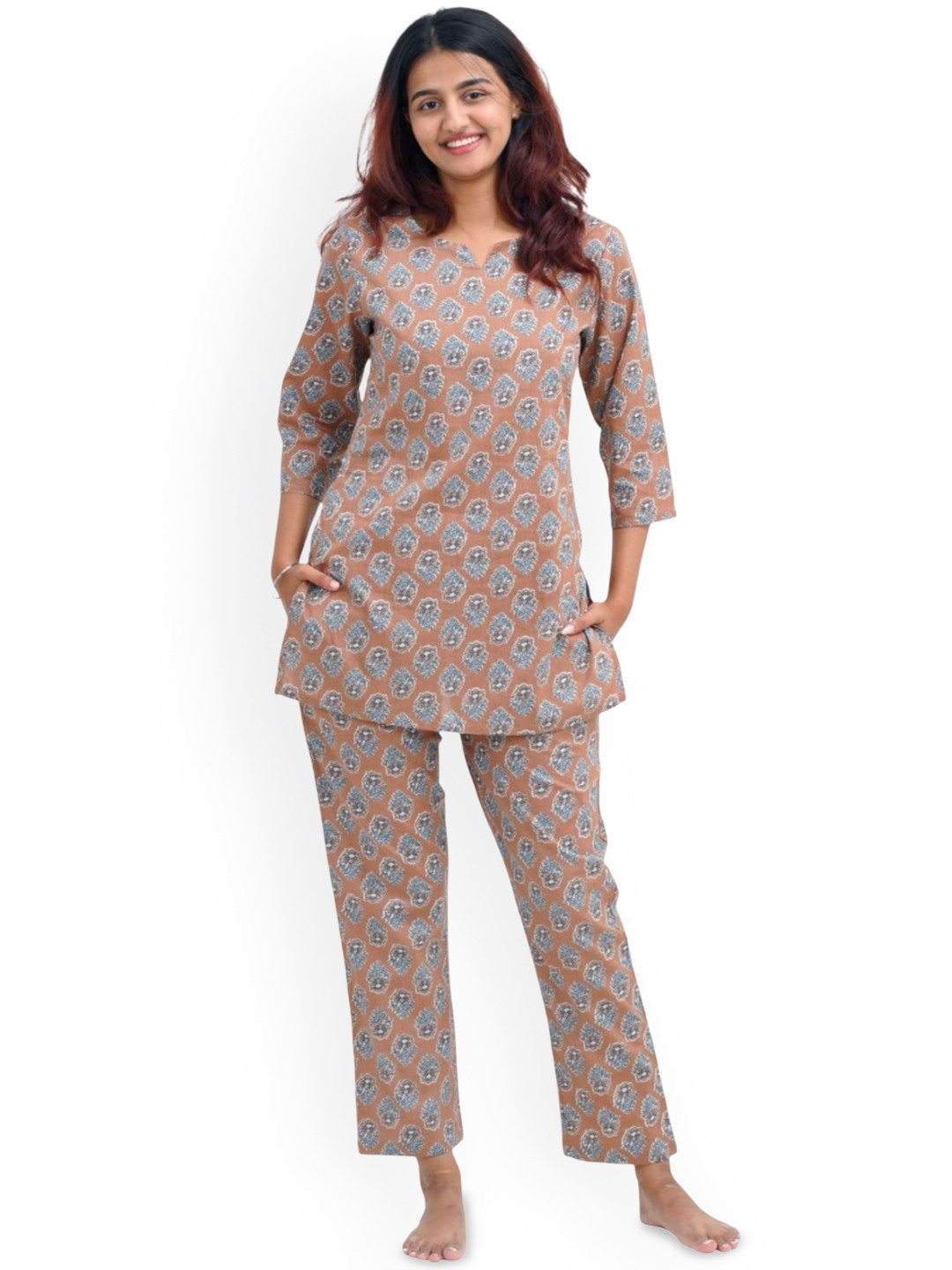 30 Looks Women Pastel Brown Cotton Printed night Suit Set