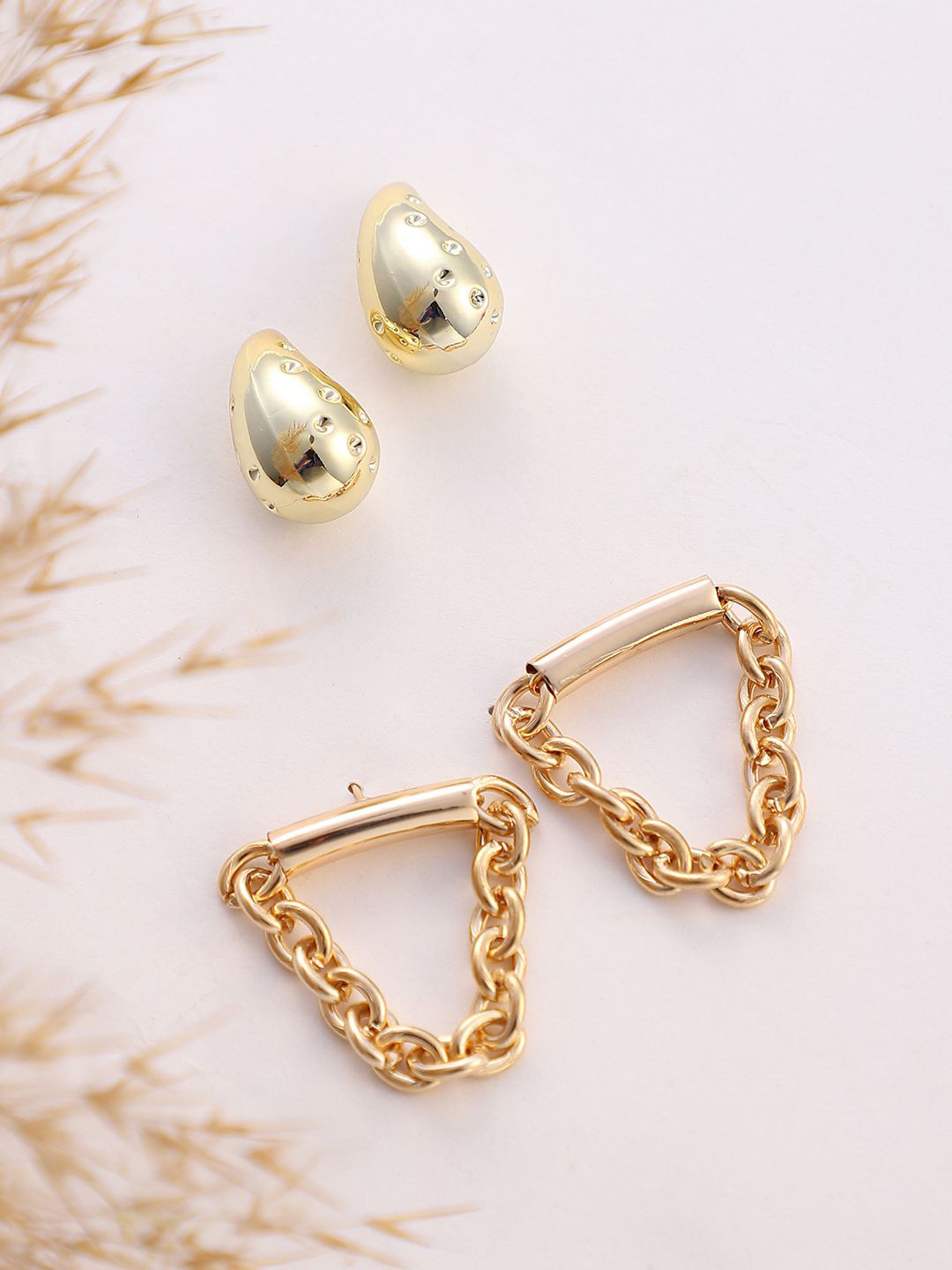 SOHI Set Of 2 Gold-Plated Chain Teardrop Studs Earrings