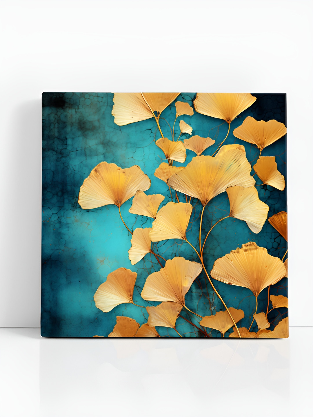 SAF Teal & Orange Colored Ginkgo Leaves Printed Canvas Wall Art