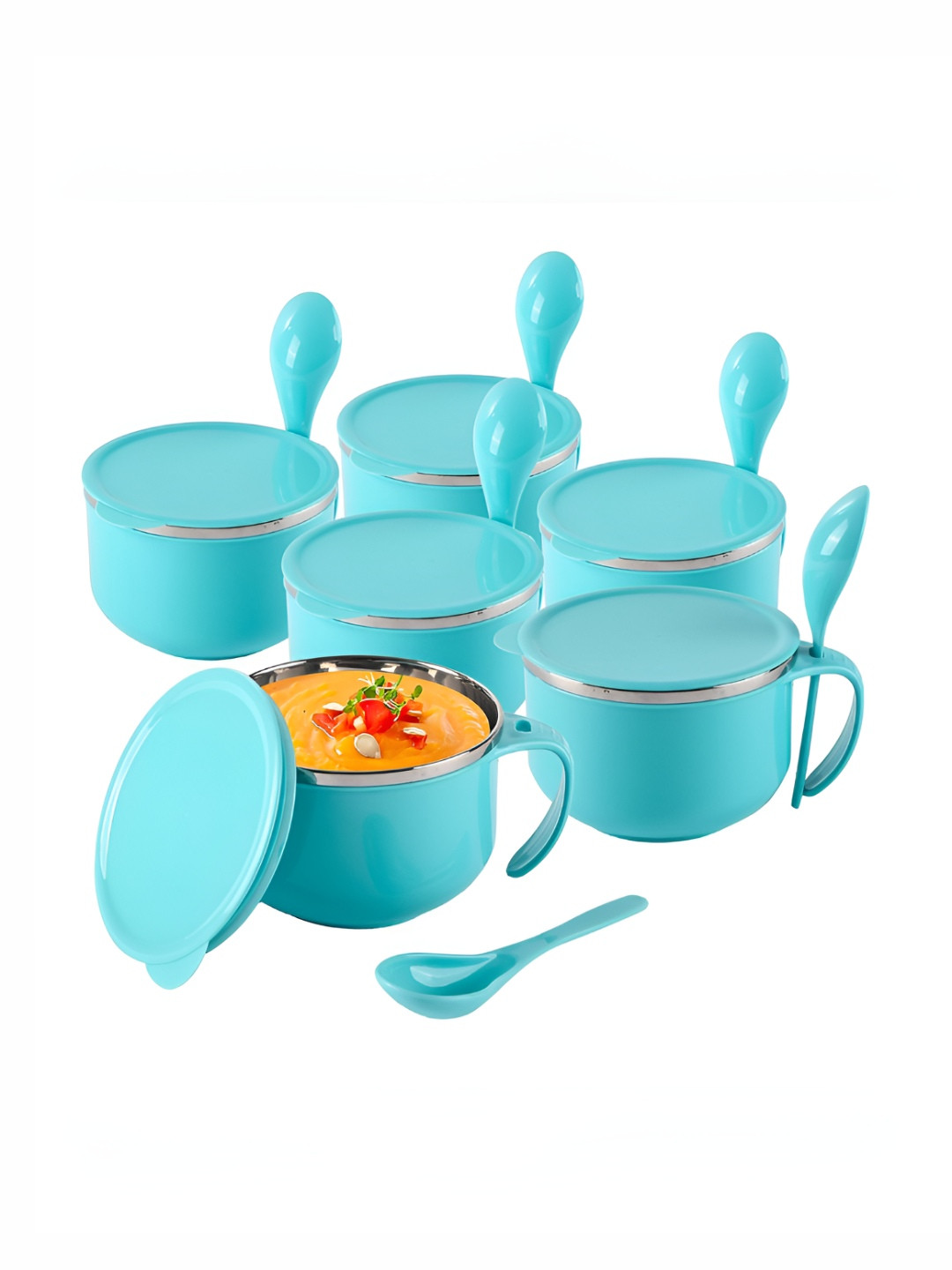 Aura Blue 6 Pieces Stainless Steel Serving Bowl With Spoon & Holder