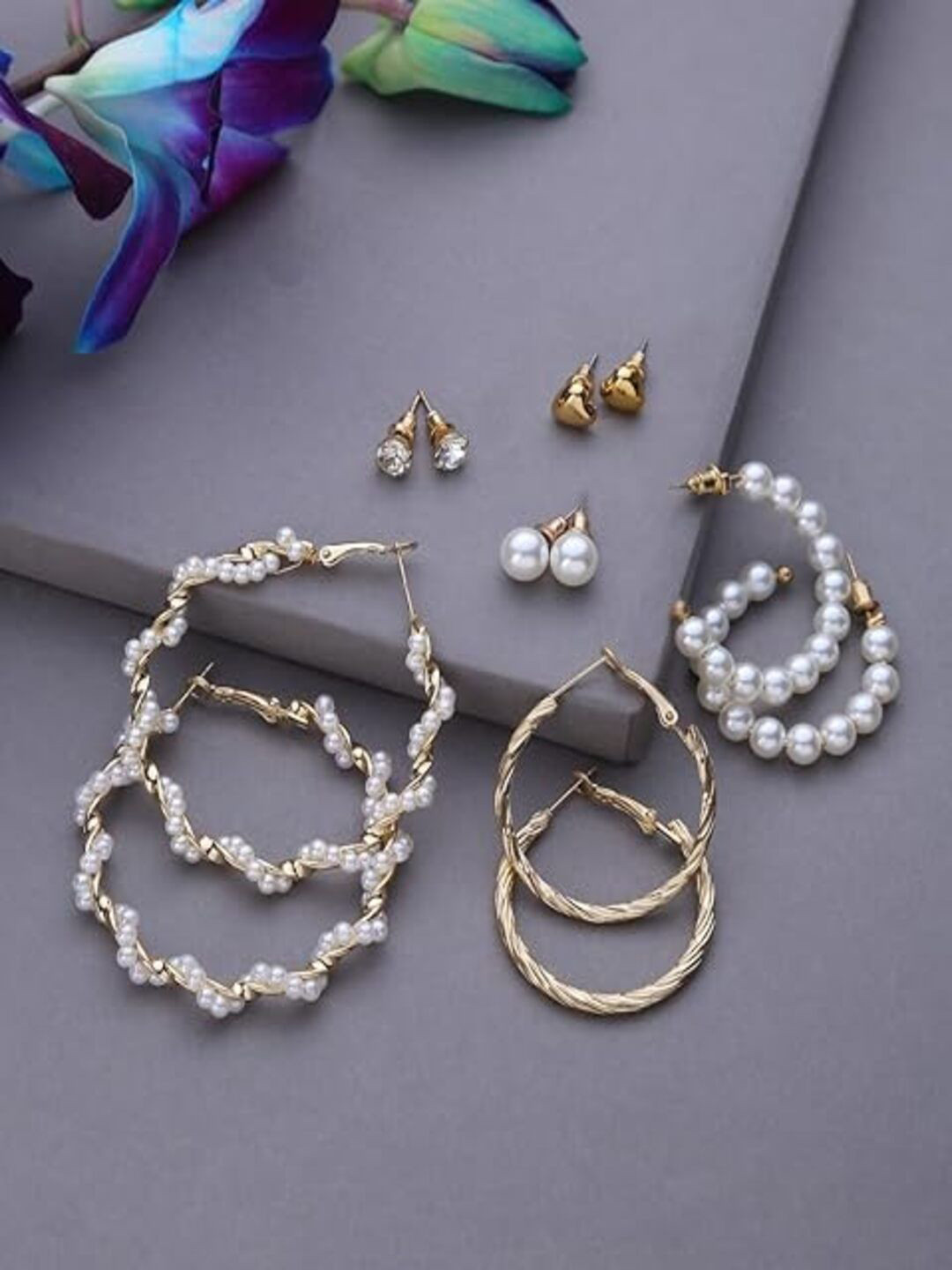AmazingKarts Set of 6 Gold-Plated Pearls Beaded Contemporary Studs