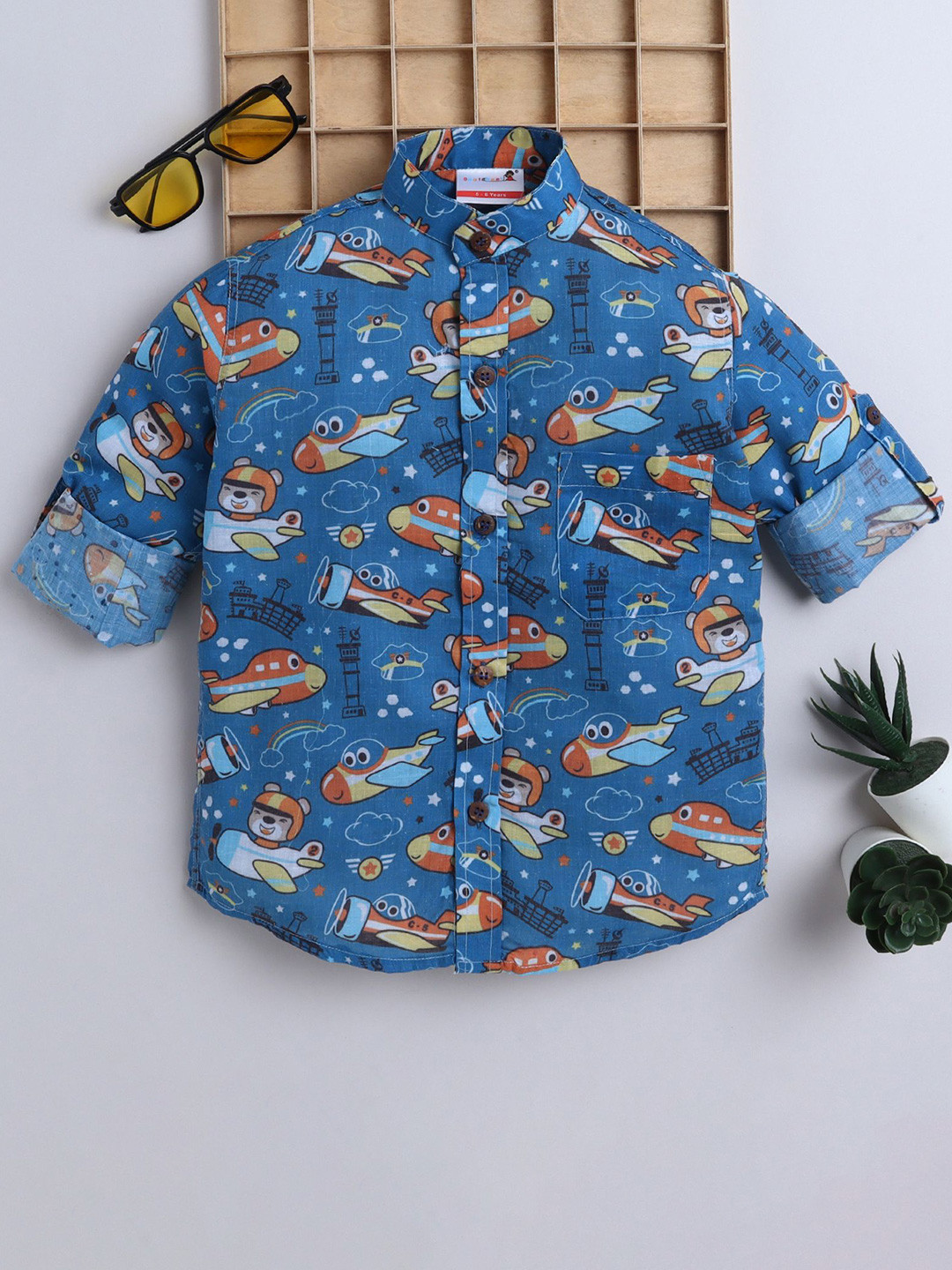 BAATCHEET Boys Graphic Printed Mandarin Collar Comfort Cotton Shirt