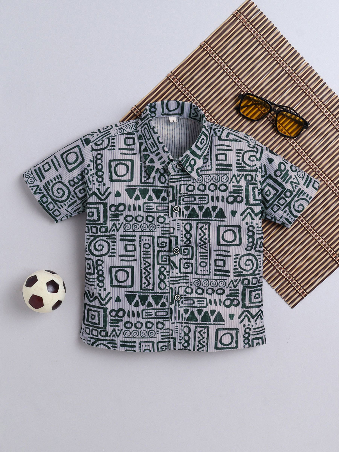FOURFOLDS Boys Geometric Printed Spread Collar Cotton Casual Shirt