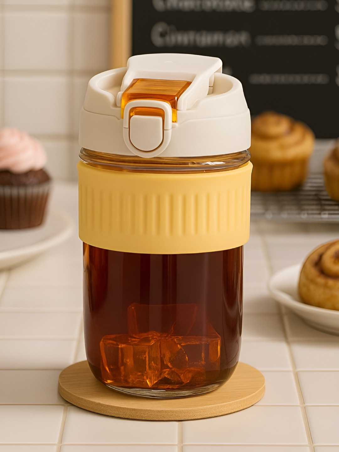 Myntra Elegant Homes Yellow Glass Microwave Safe Mug with Sipping Lid-500ml