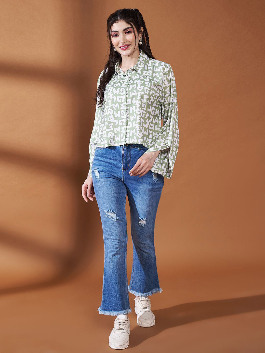 Purple Feather Printed Boxy Fit Crop Shirt