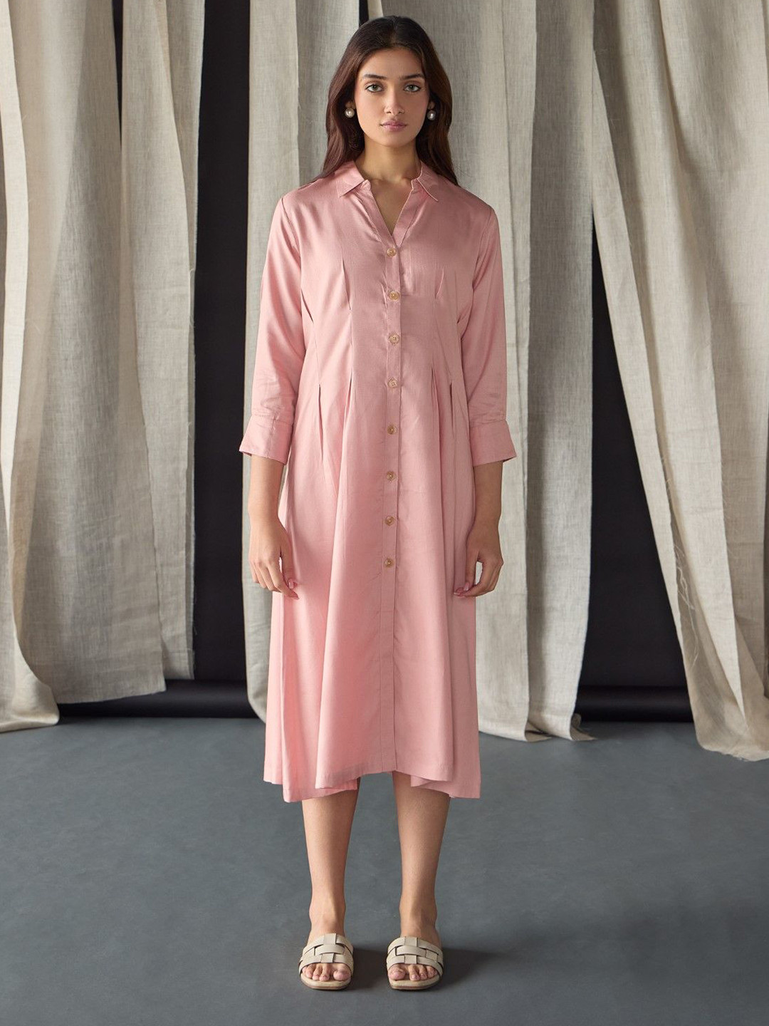 Bombay Bloom Salmon Cuffed Sleeve Tencel Shirt Midi Dress