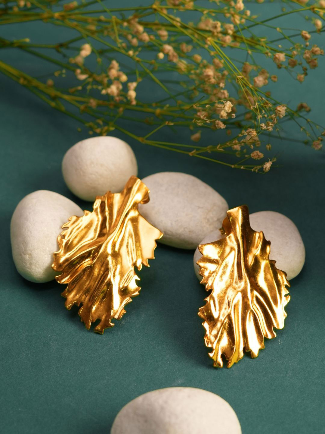 Basraa Gold Plated Grove Leaf Shaped Drop Earrings