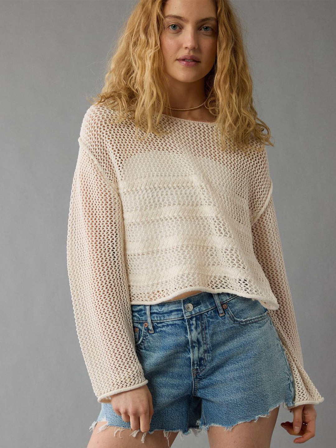 AMERICAN EAGLE OUTFITTERS Women Open Knit Self Design Long Sleeve Crop Pullover