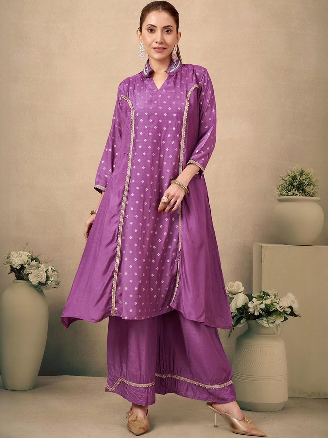 Lavender Zari Weaving & Stone Work Silk Blend A-Line Co-Ord Set