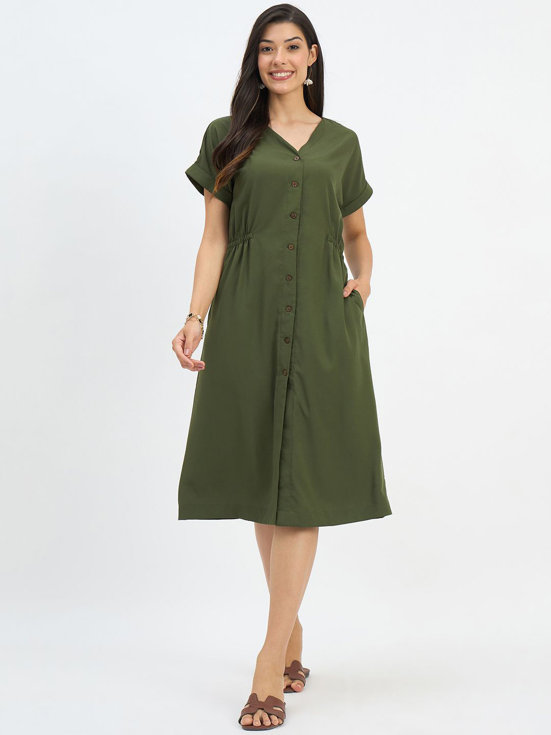 Color Cocktail Women V-Neck Extended Sleeves Shirt Dress