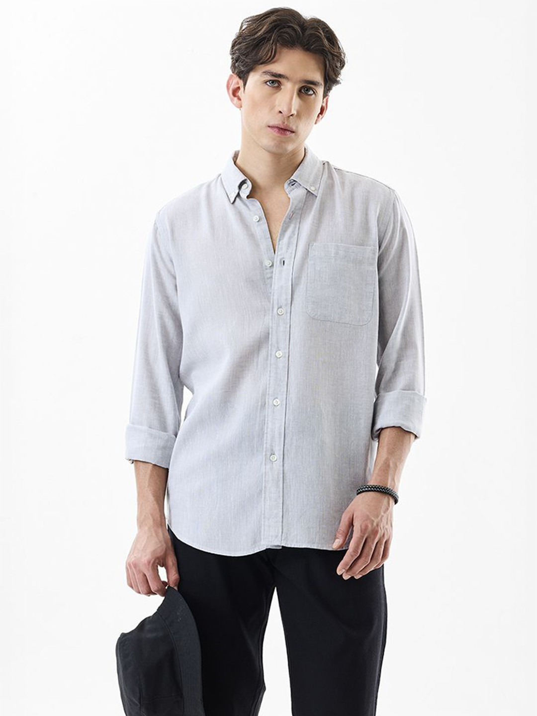Snitch Light Grey Button Down Collar Casual Shirt