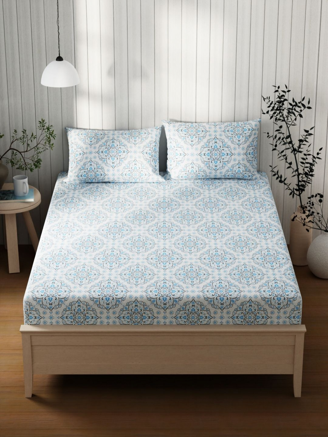 KOPA Off White & Blue Floral Printed 120 TC Cotton Queen Bedsheet Set 2.24 m x 2.44 m