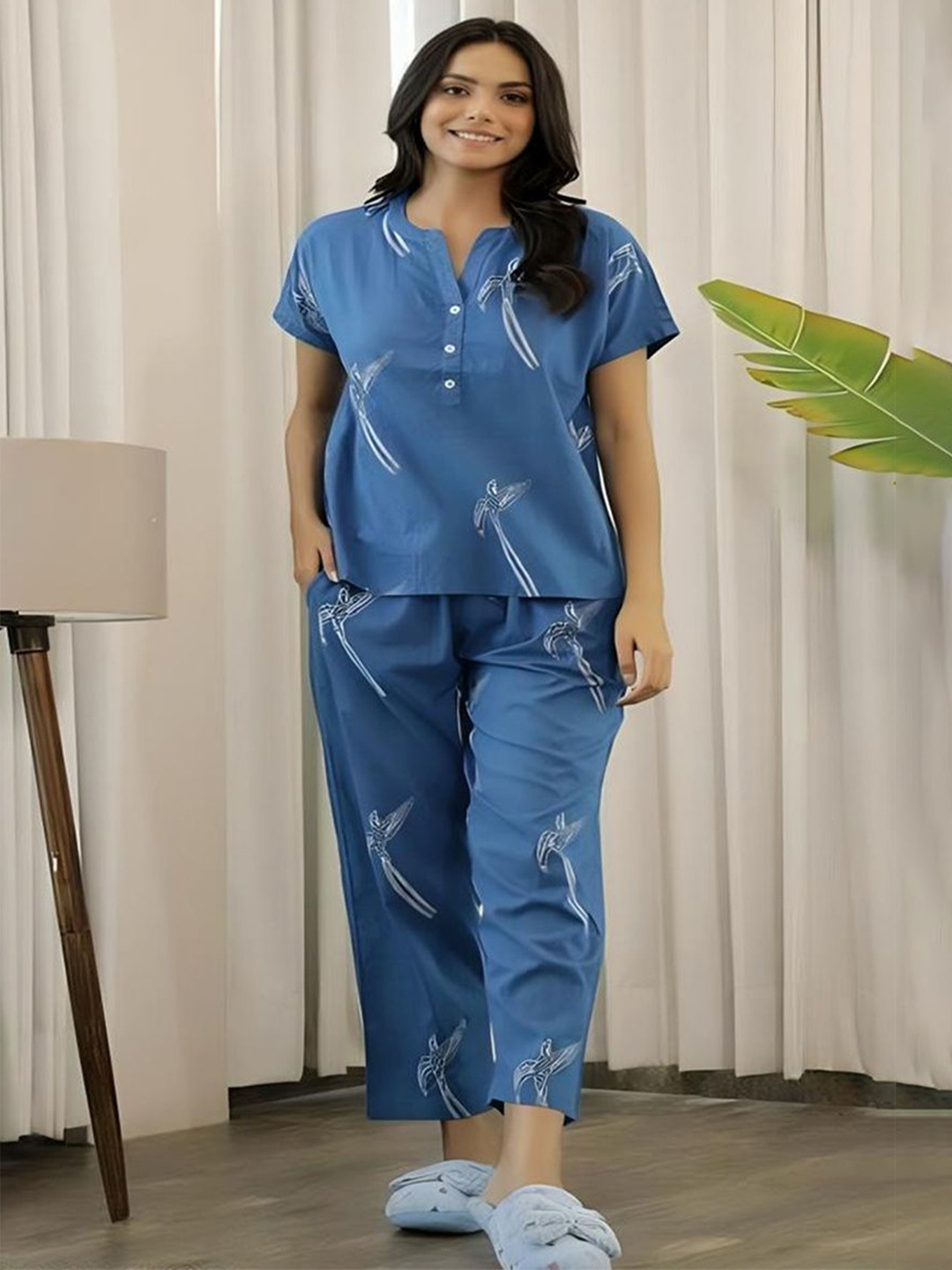 ROOTSOUL Women Animal Print Cotton Night Suit