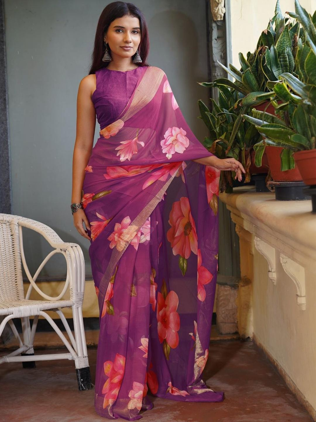 KALINI Magenta Poly Chiffon Sarees