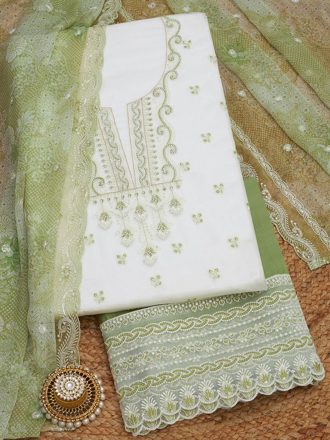 Soch Floral Embroidered Stone Work Crinkle Chiffon Unstitched Dress Material