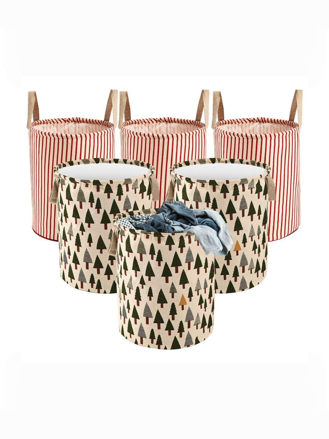 Aura 6Pcs Beige & Green Tree-Printed Foldable Laundry Bag With Handle - 60 L