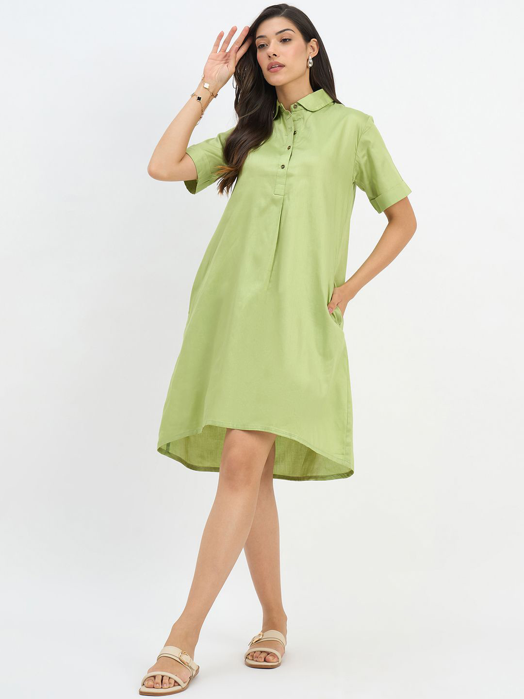 Color Cocktail Crepe Shirt Dress