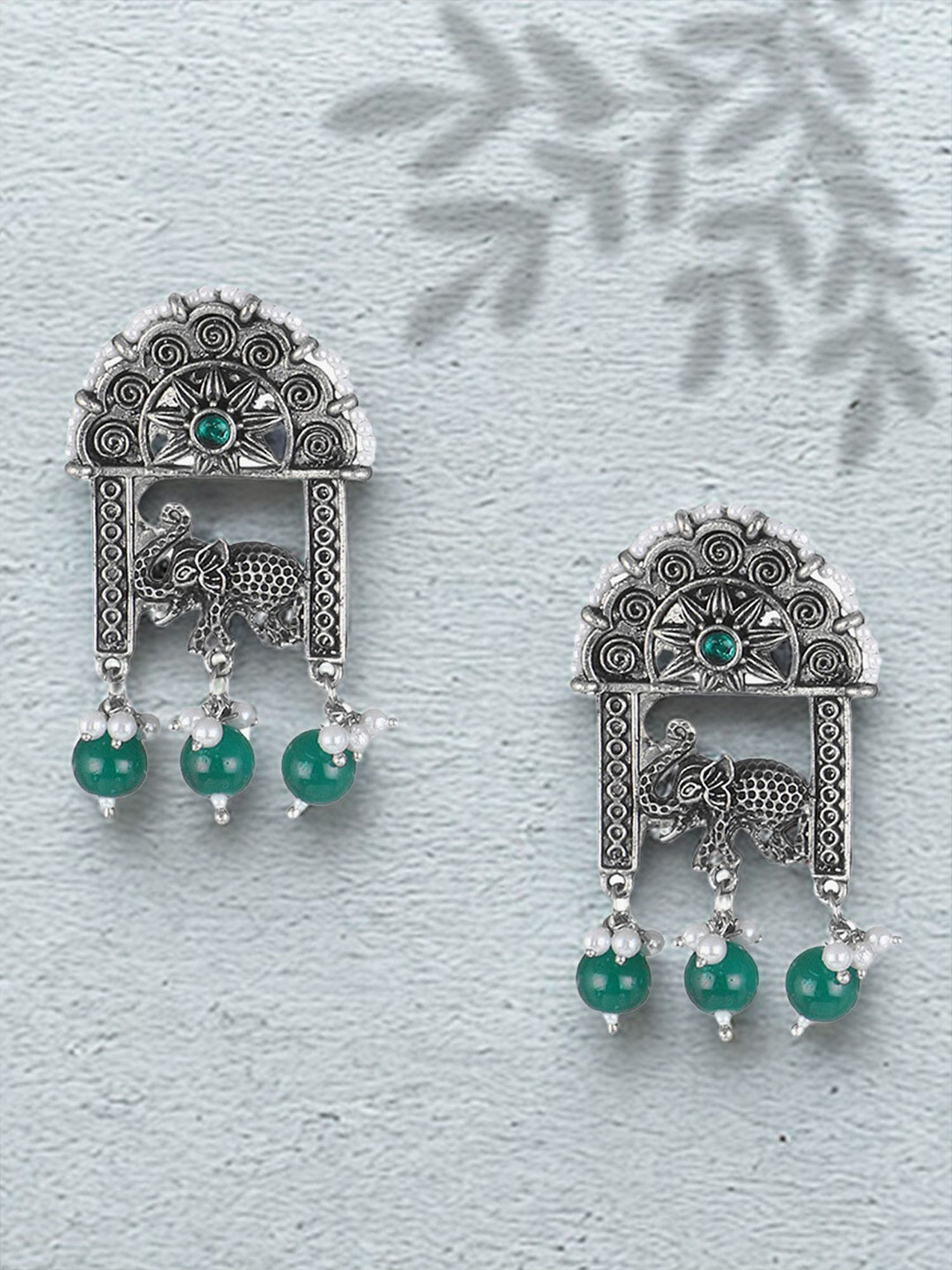 Adwitiya Collection Silver-Plated Stones Studded & Beaaded Square Oxidised Drop Earrings