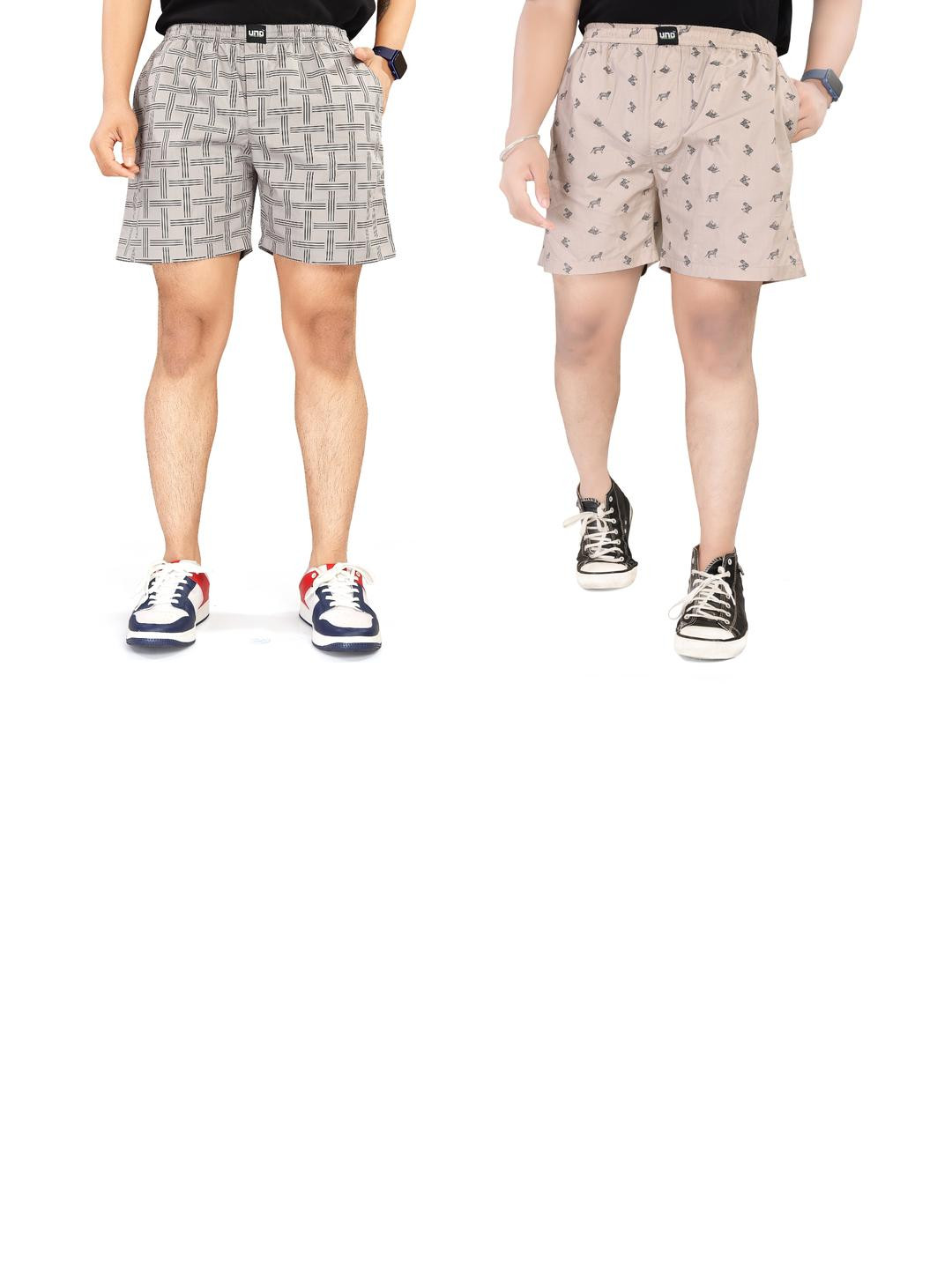 UNOseven Shorts for Boys - Side Pockets PC2 (Beige,GreyChx) - Size 7-8 Years