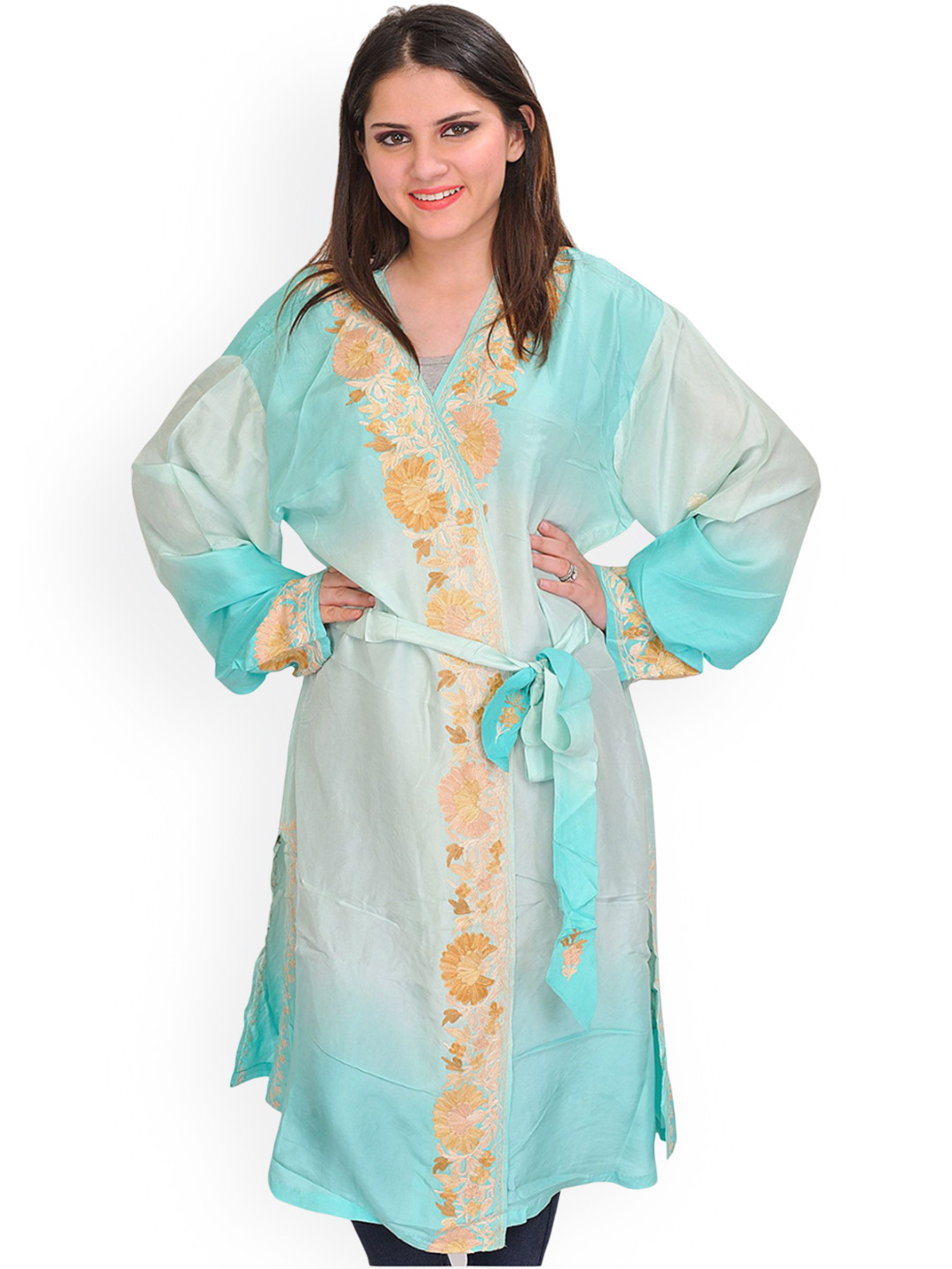 Exotic India Aari Embroidery Aqua Double Shaded Short-Robe From Kashmir