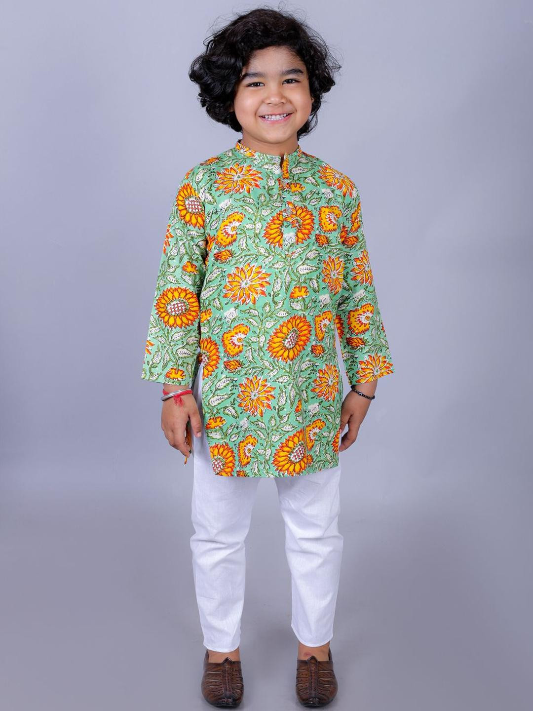 FabJunior Boys Green Pure Cotton Kurta Sets