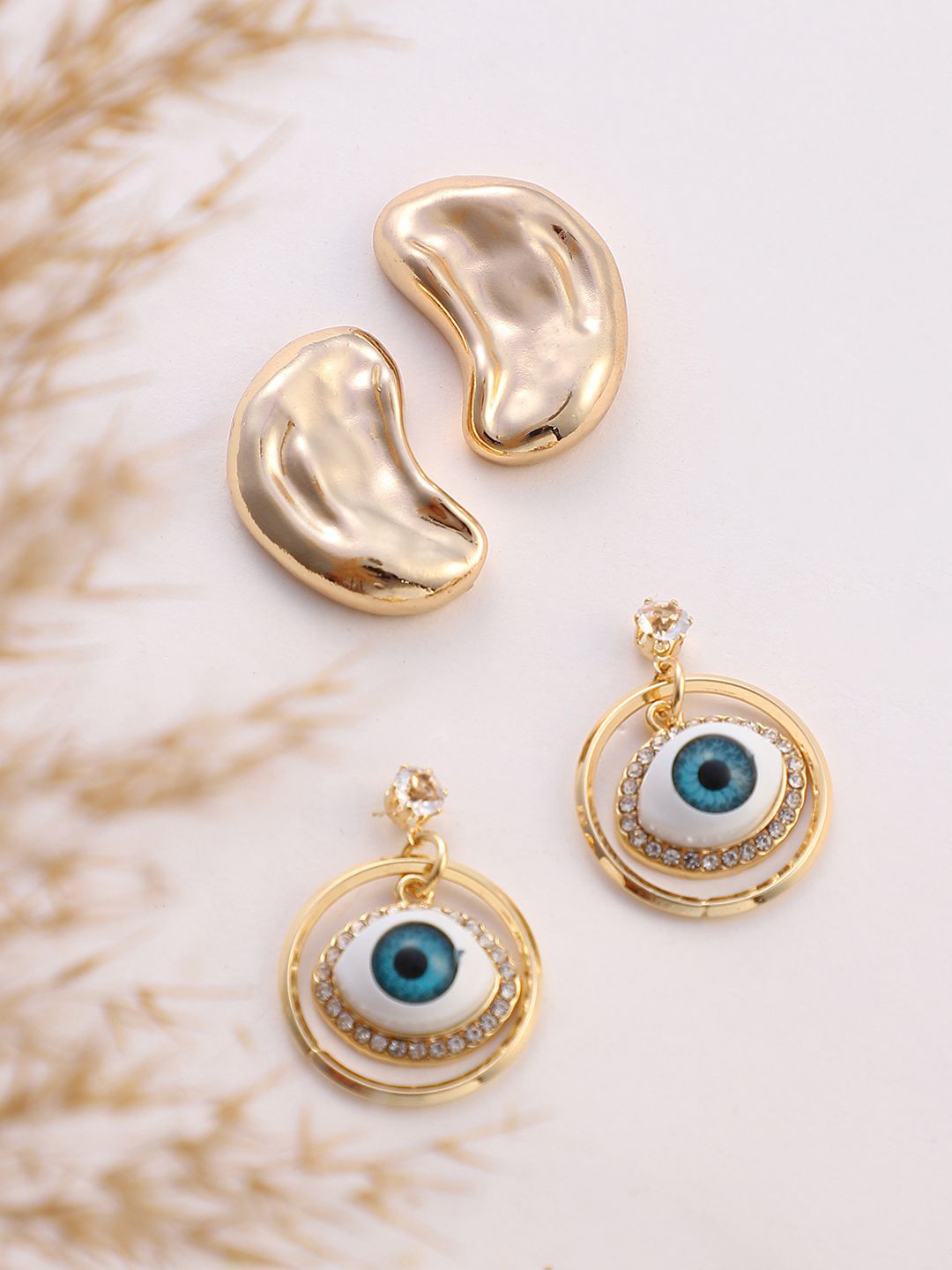 SOHI Set Of 2 Gold-Plated Dented Evil Eye Contemporary Studs Earrings