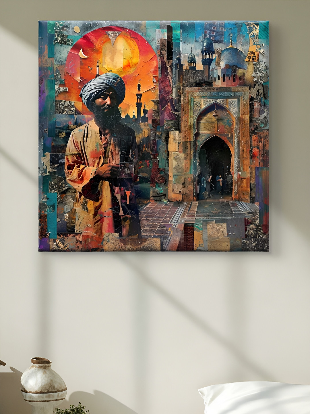 SAF Brown & Orange Canvas Traditional Mughal Street Portrait Wall Art