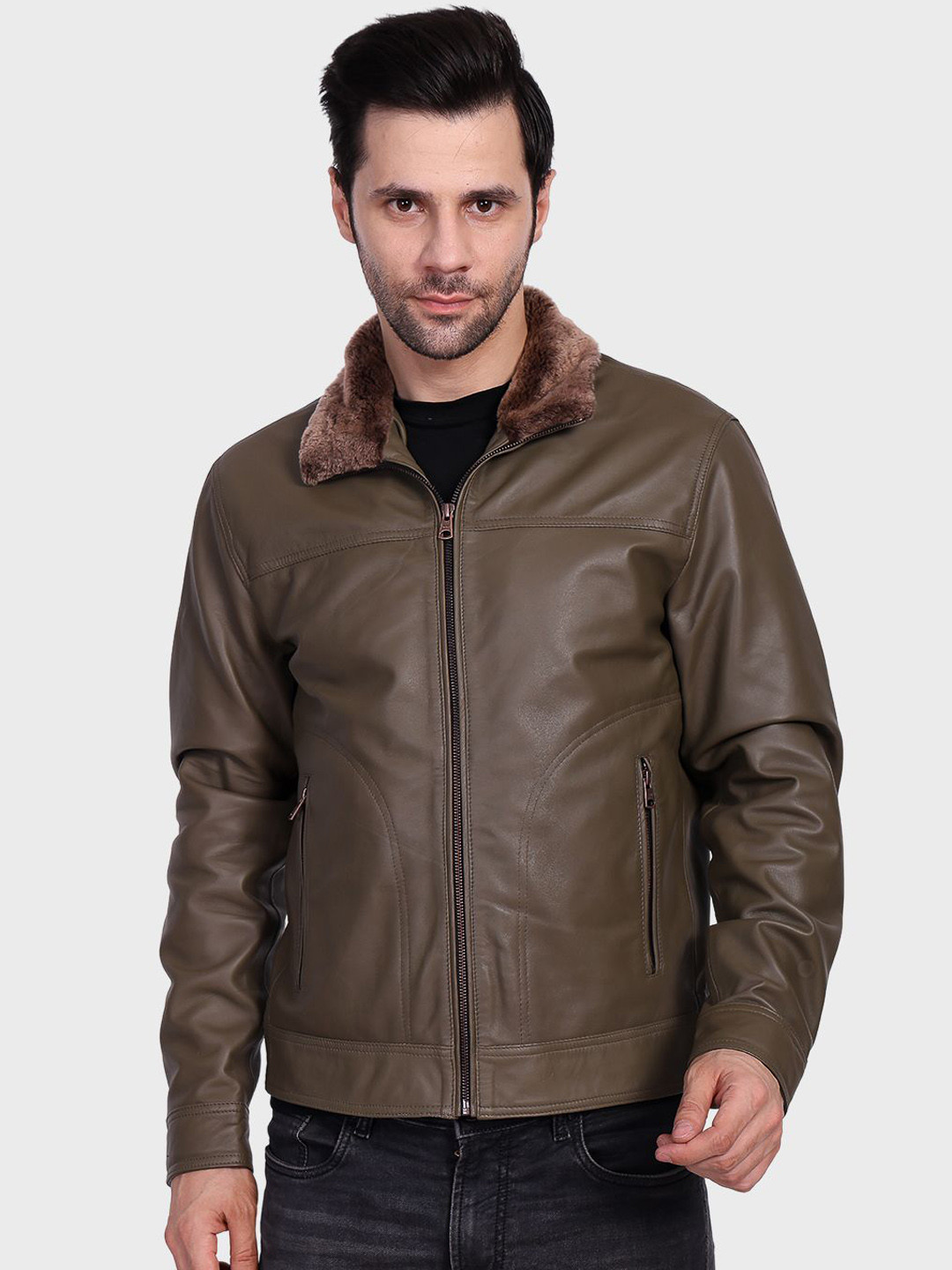 Justanne Aviator Fur Collar Solid Leather Jacket