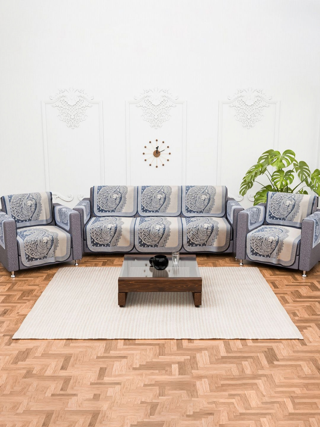 Aura Blue & Cream Set of 16 Stylish & Durable Cotton 5 Seater Sofa Covers with Arms