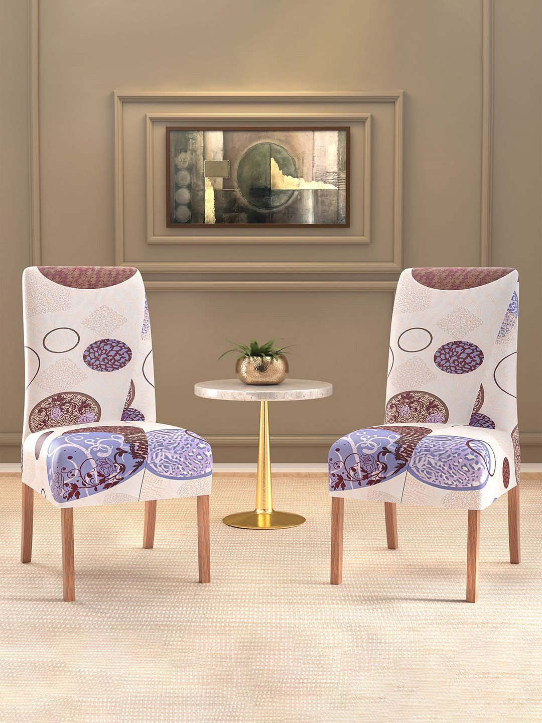 Kuber Industries 2-Pcs Cream-Colored & Brown Gola Printed Stretchable Table Chair Cover