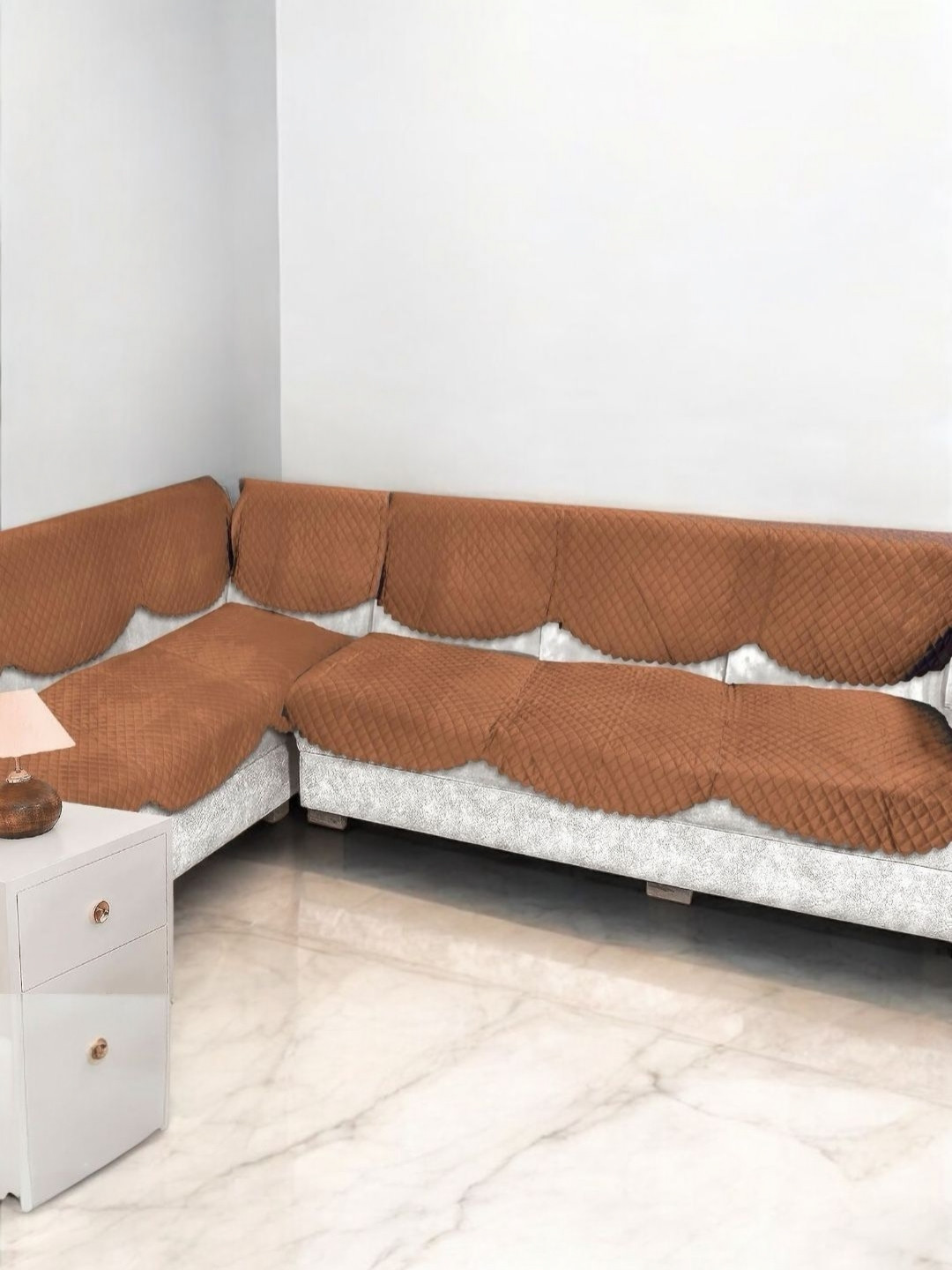 BIGGER FISH Camel Brown 12 Pieces 6 Seater Velvet Sofa Covers