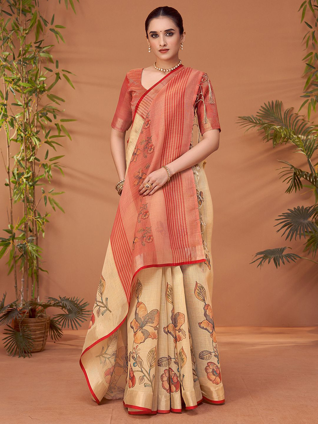 Sangria Floral Printed Saree With Matching Blouse