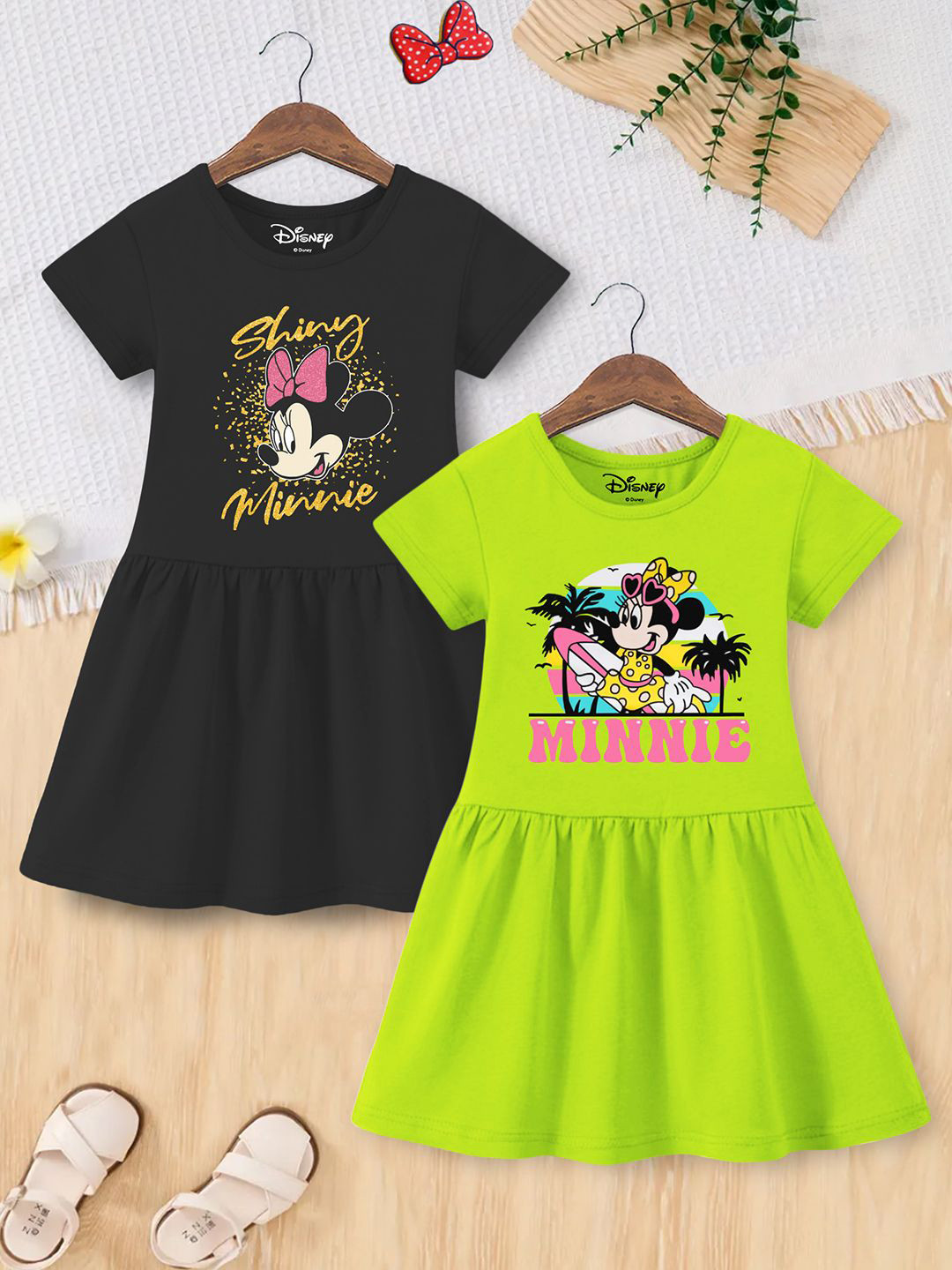 YK Disney Girls Pack Of 2 Minnie Mouse Cartoon Print Cotton Fit & Flare Dress