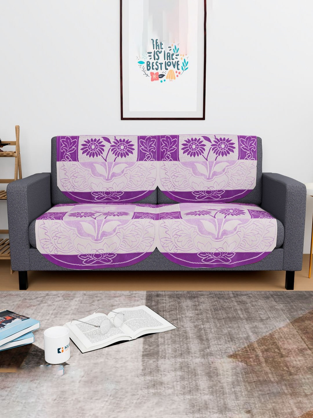 Aura Purple & White 4 Pieces Cotton 2 Seater Sofa Cover Washable Sofa Protector Slipcover