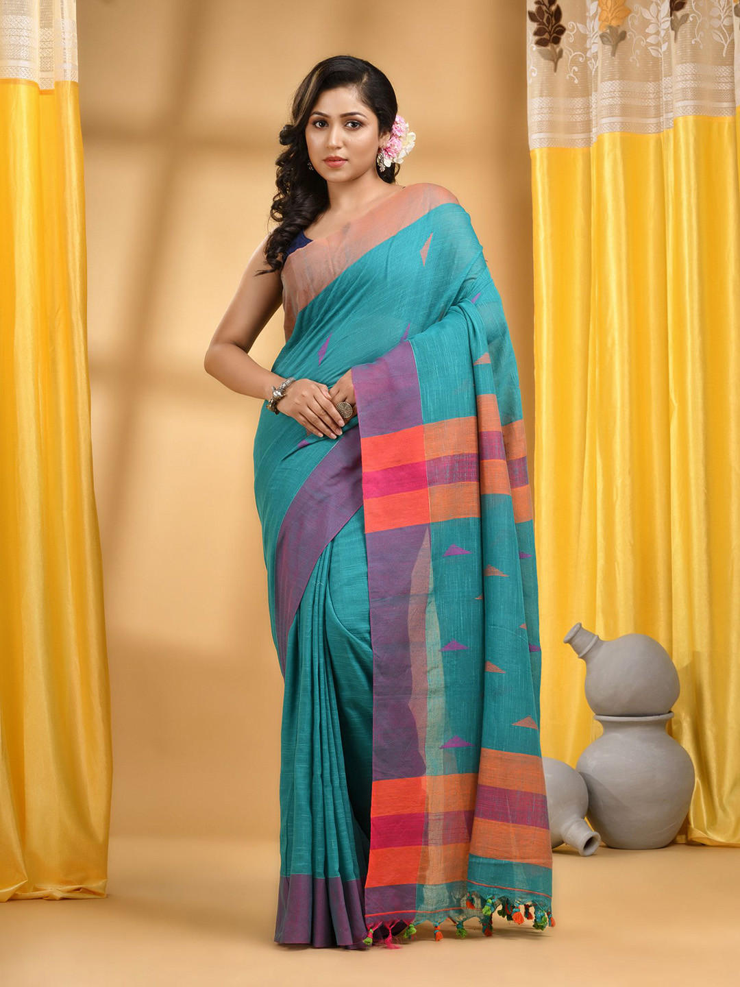 TANTLOOM Colourblocked Print  Taant Saree