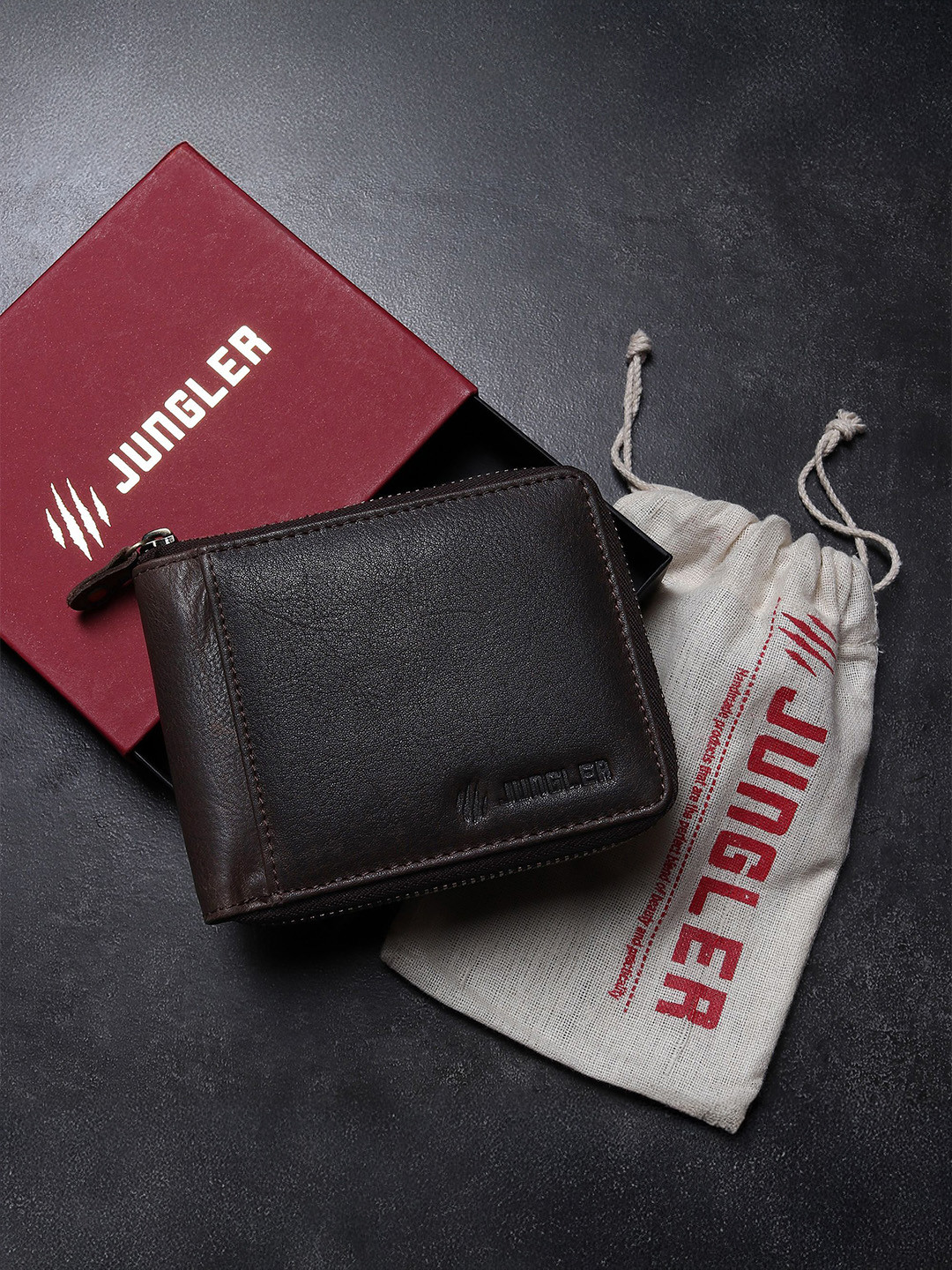 JUNGLER Men Brand Logo Leather Zip Around Wallet
