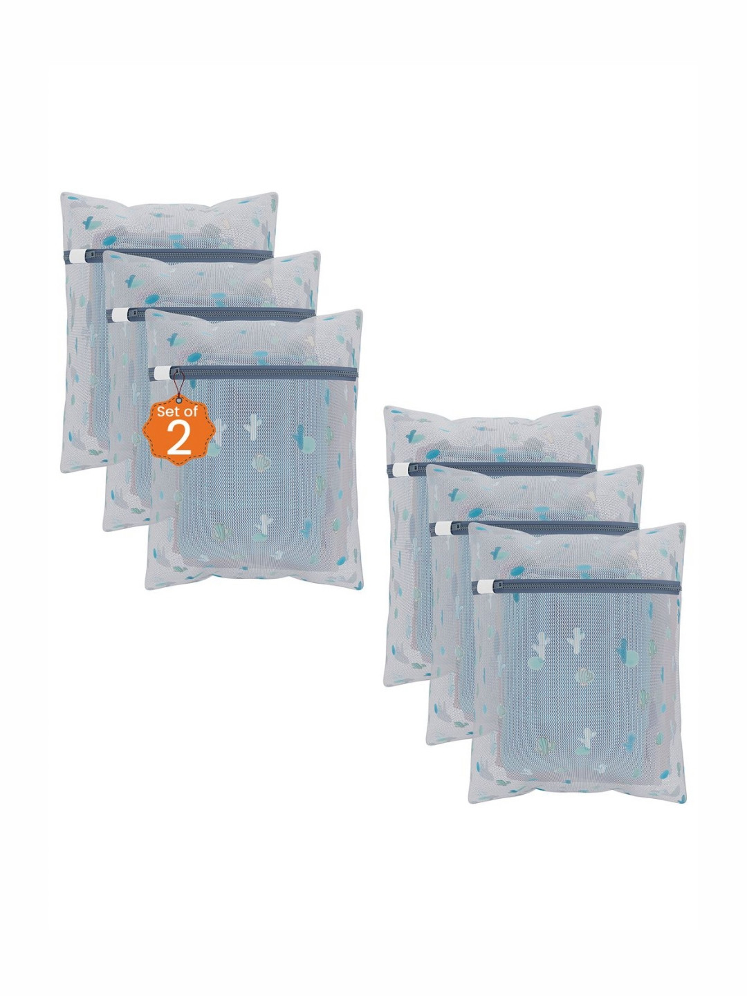 Aura 6Pcs White & Blue Cacstus-Printed Reusable Mesh Laundry Bags With Zipper