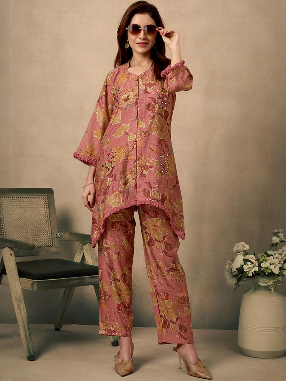 Dark Mauve Floral Prints & Handcrafted Mirror Work Pure Cotton Co-Ord Set