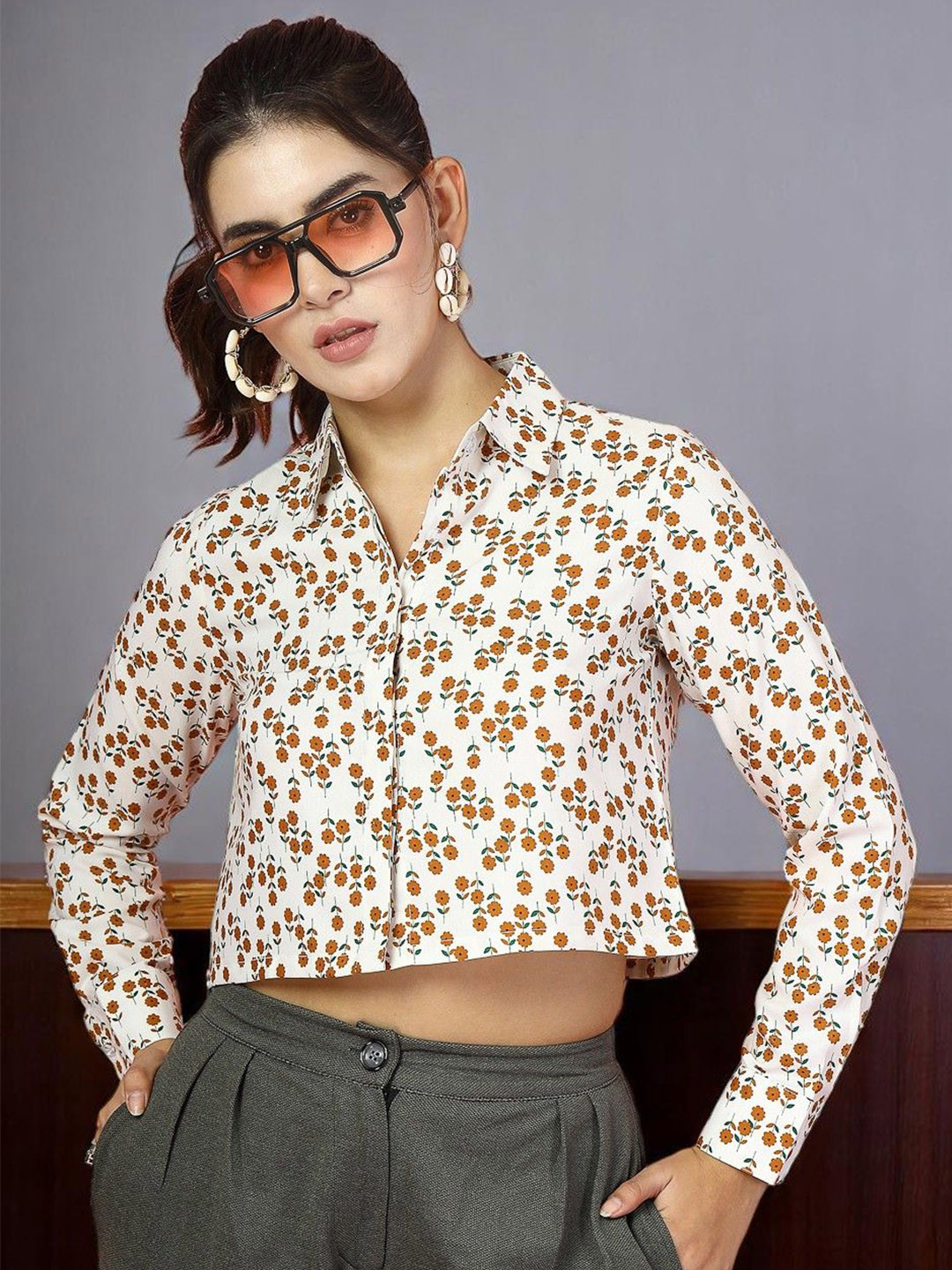 OOMPH! FACTOR Floral Printed Cutaway Collar Long Sleeves Casual Shirt