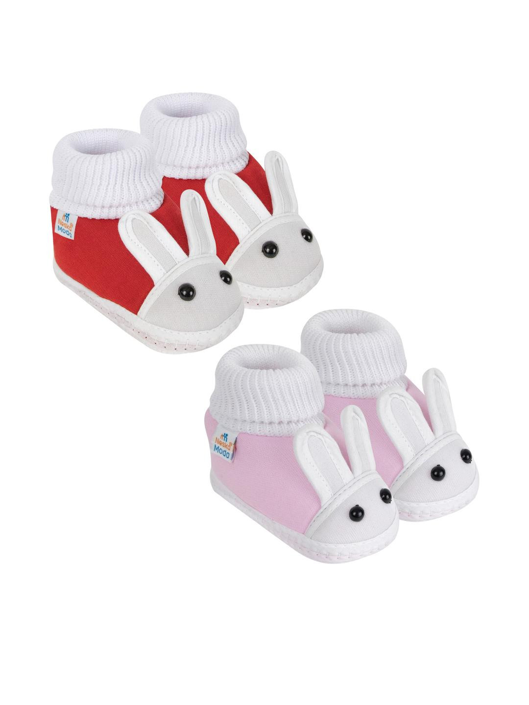 NESKA MODA 3 To 12 Months Infants Set of 2 Pair Combo Cotton Rabbit Shoe Booties