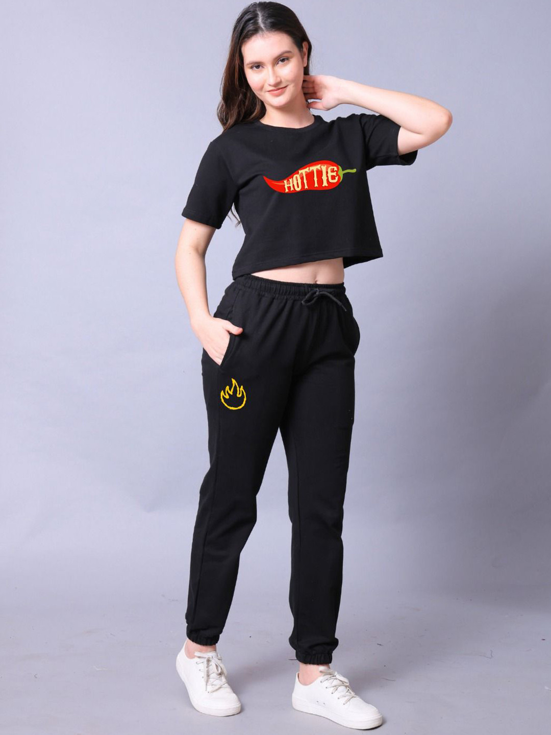 Lazy Lush Black Printed Crop Top with Joggers Co-Ords