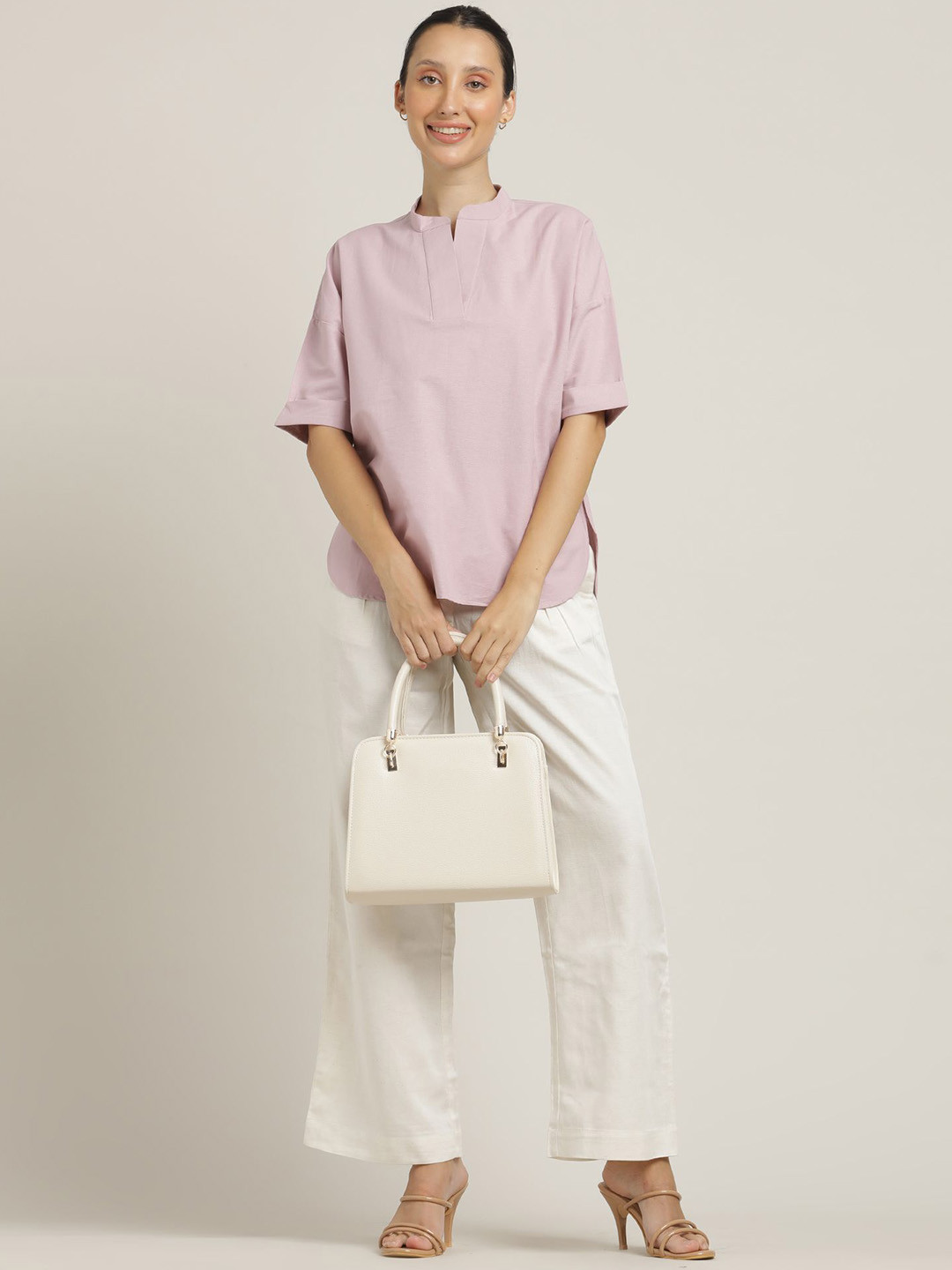 Saltpetre Women Pink Mnadarin Collar Kimino Top with Trouser Co-Ords