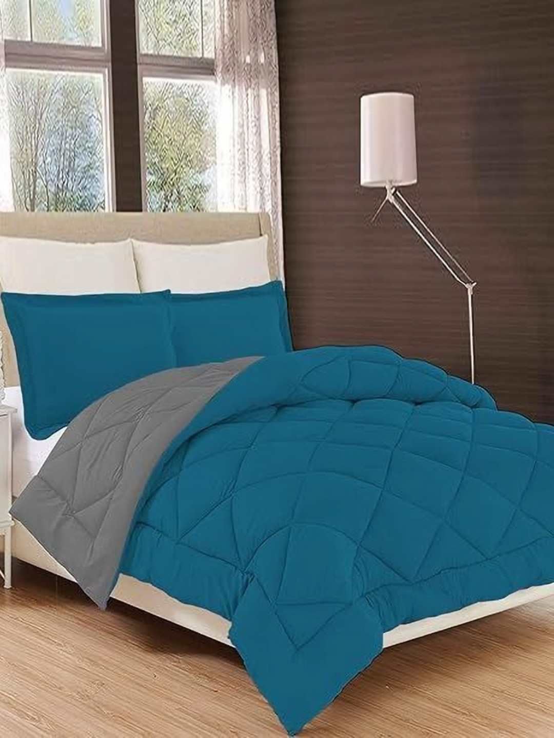 RF RELAXFEEL Turquoise Blue & Grey Checked Heavy Winter 210 GSM Double Bed Comforter