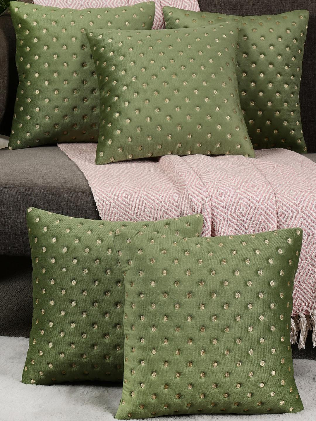 MONKDECOR Embroidered Green Quirky Velvet Durable 5 Pcs Textured Cushion Covers -16x16In