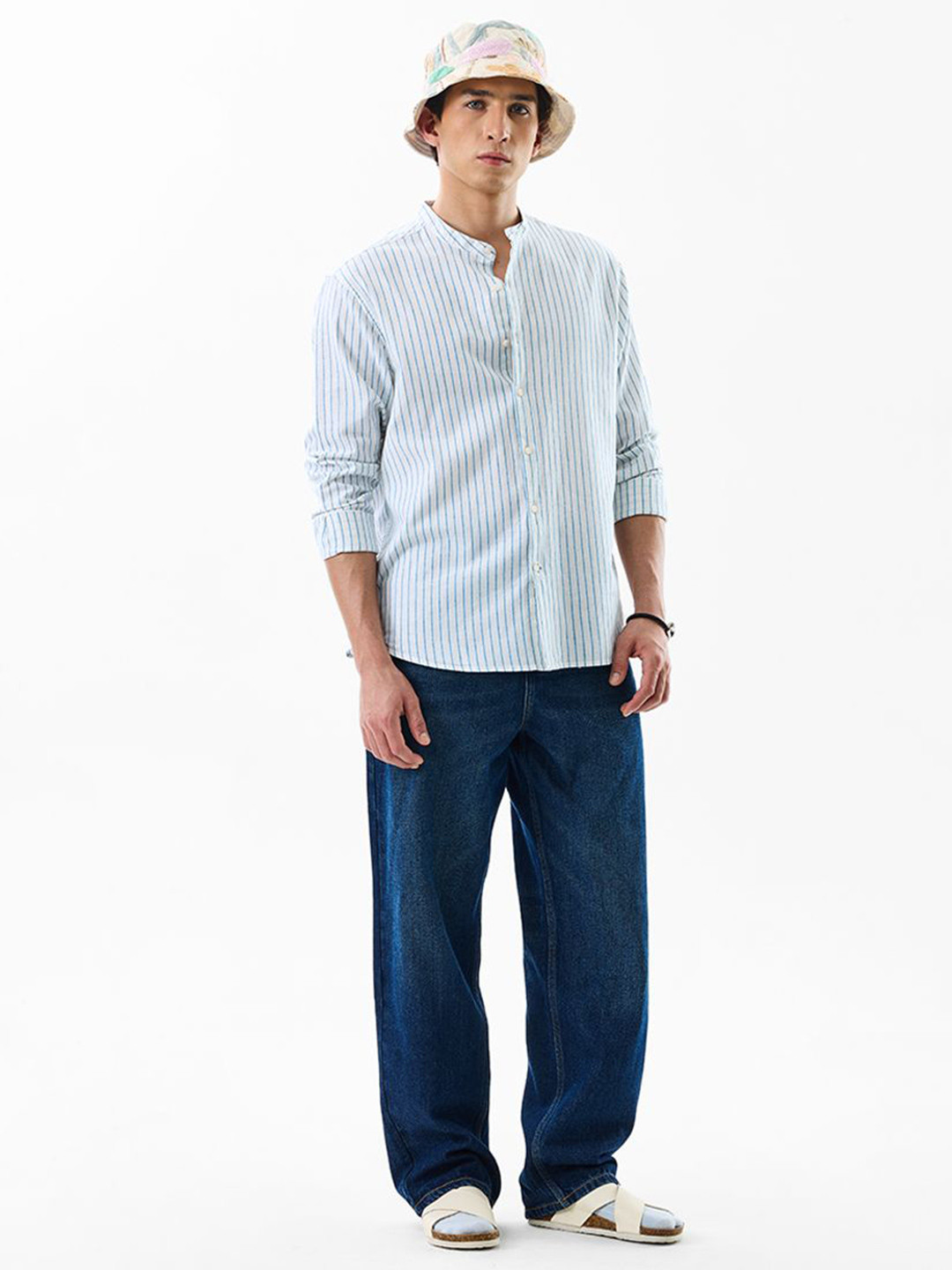 Snitch White Vertical Striped Band Collar Cotton Linen Casual Shirt