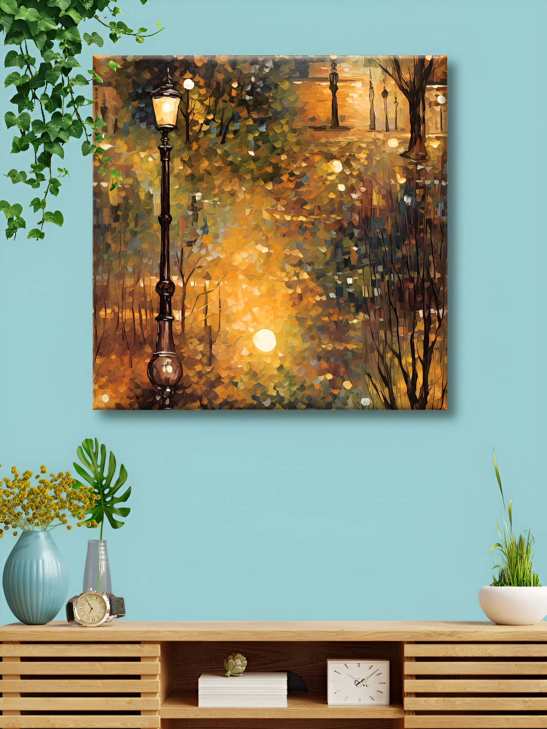 SAF Orange & Green Canvas Autumn Street Lamp Wall Art