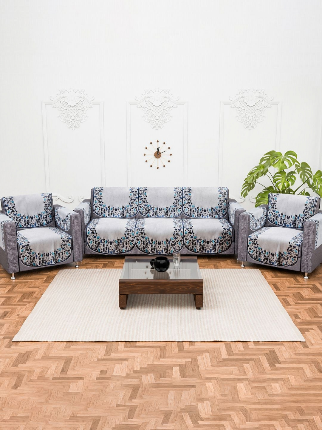 Aura Blue Set of 16 Stylish & Durable Velvet 5 Seater Sofa Covers with Arms
