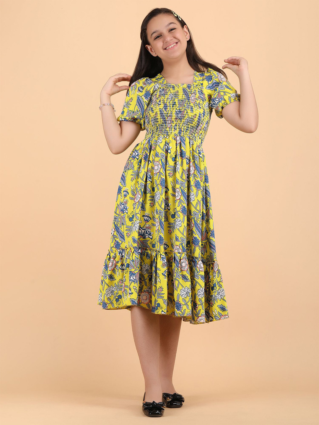 STARWORD Girls Floral Print Smoked Puff Sleeve Crepe Fit & Flare Midi Dress